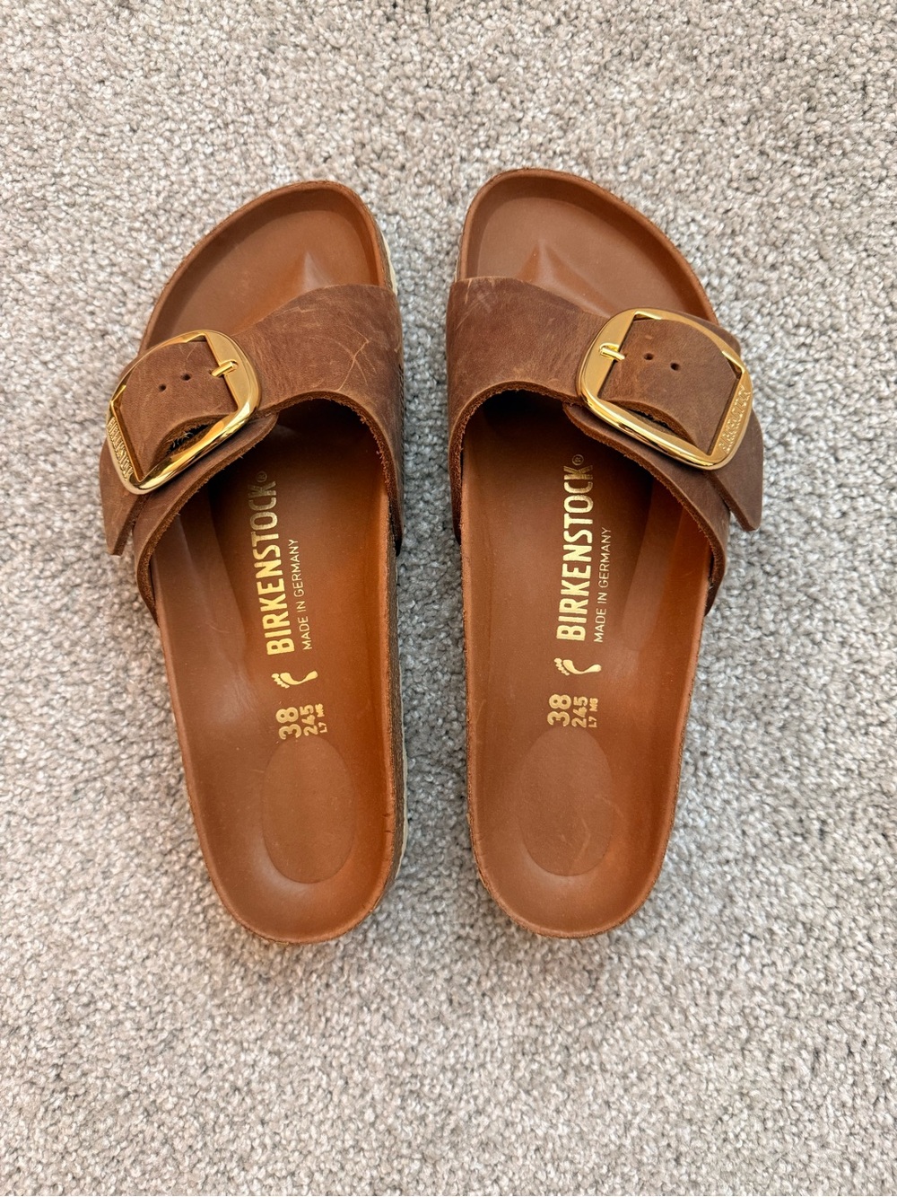 Birkenstock Madrid Bug Buckle Women’s Cognac Slide Sandals with Gold Buckle